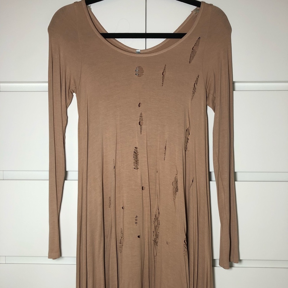Distressed Long Sleeved Tan Dress
